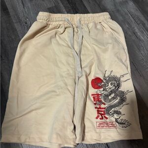 Beige Shorts with Dragon Print